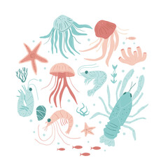 Underwater life round composition isolated on white background. Crustaceans and aquatic Invertebrates. Ocean animals and marine life. Set of Vector hand drawn flat illustration.