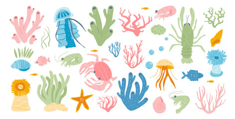 Playful collection of fish, crustaceans, starfish, jellyfish, mollusks, and corals in a pastel palette Set of Vector hand drawn flat illustration.
