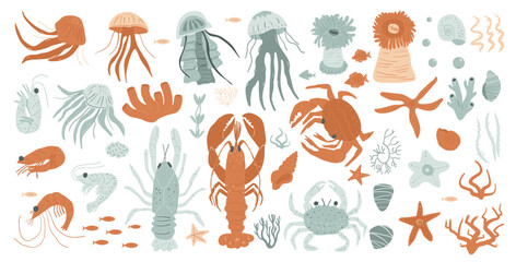 Underwater life isolated on white background. Collection of jellyfish, sea anemones, fish, lobster, crabs, shrimp, starfish, sea shells, corals seaweed. Set of Vector hand drawn flat illustration.