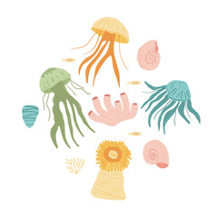 Round badge of underwater life. Ocean animals and marine life. Aquatic Invertebrates, Barnacles collection. jellyfish, sea anemone, shells. Set of Vector hand drawn flat illustration.