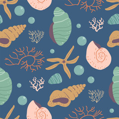 Shells , starfish and algae seamless pattern. Barnacles and underwater life endless background. Vector hand drawn flat illustration.