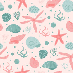 Barnacles and starfish seamless pattern. Shells and seaweed endless background. Seashell and stones repeat pastel backdrop. Vector hand drawn flat illustration.