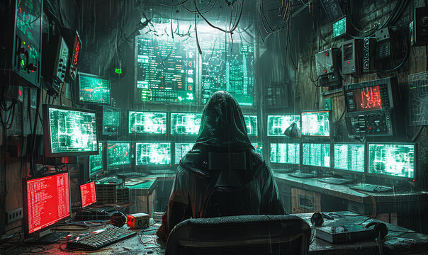Hacker in Dark Hideout Hacking Government Servers Infecting System with Virus at Night Surrounded by Multiple Computer Displays and Cables
