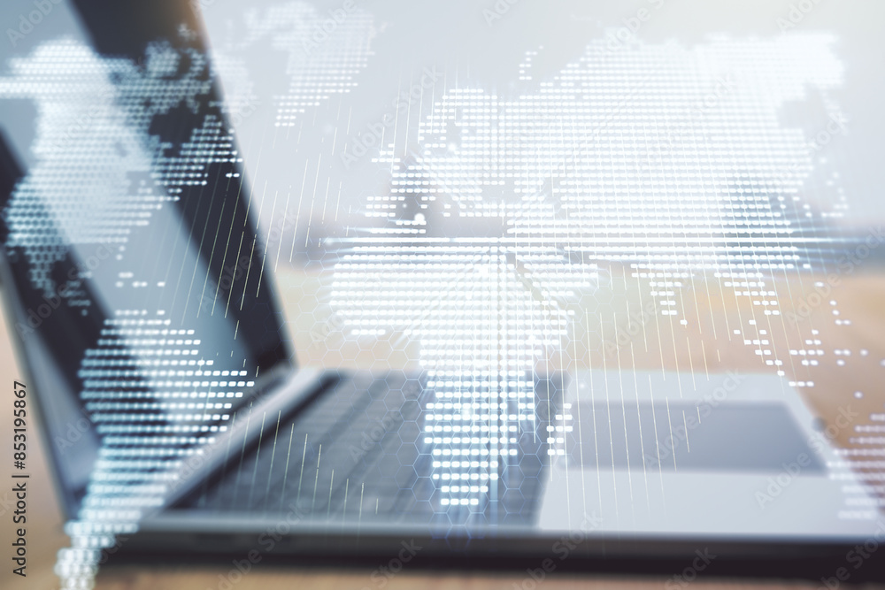 Aufkleber double exposure of abstract digital world map on computer background, big data and blockchain concep