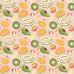 Tropical fruits seamless pattern. Exotic sweet food endless background. Slices for fresh salad. Vector hand drawn flat illustration.