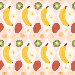 Banana, kiwi and longan seamless pattern. Tropical sweet dessert y2k endless background with rhombus. Vector hand drawn flat illustration.