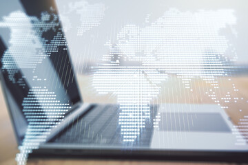 Double exposure of abstract digital world map on computer background, big data and blockchain concept