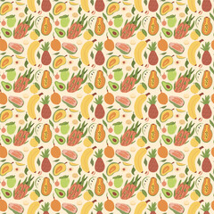 Exotic fruits seamless pattern. Tropical sweet cut and whole fruit food repeat background. Vector hand drawn illustration.