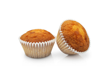 Two sweet cup cakes or muffins isolated on white background    