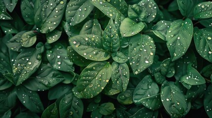 Fototapeta premium Green plants are adorned with water droplets