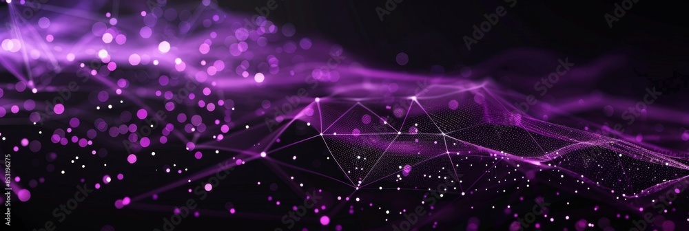 Poster minimalist tech background with neon purple web lines and floating particles on a black canvas, prov