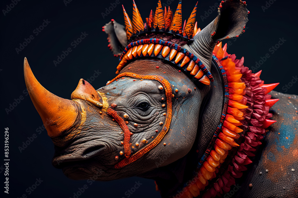 Wall mural A rhino with a crown and orange beads around its neck - Wall murals