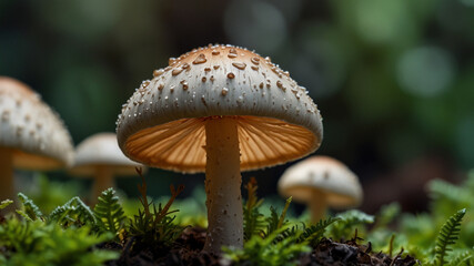 Fototapeta premium a group of fungi that reside on mossy surfaces.