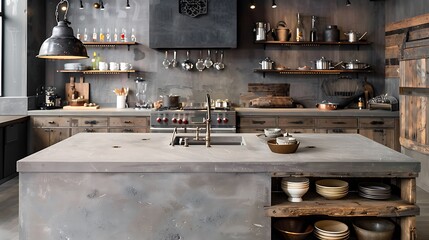 kitchen with a concrete island, reclaimed wood cabinets, and open shelving displaying vintage kitchenware
