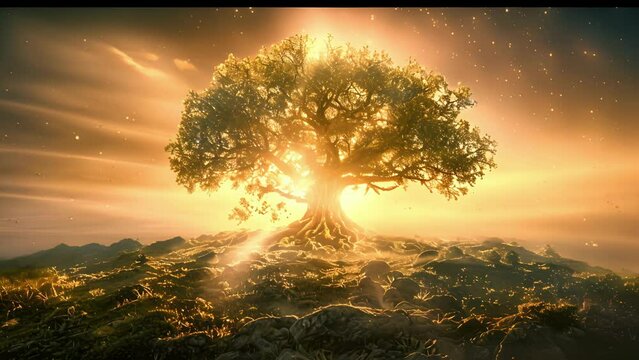 A solemn spirit a manifestation of the lands lifeforce resides within a sacred tree its roots spreading deep into the earth.