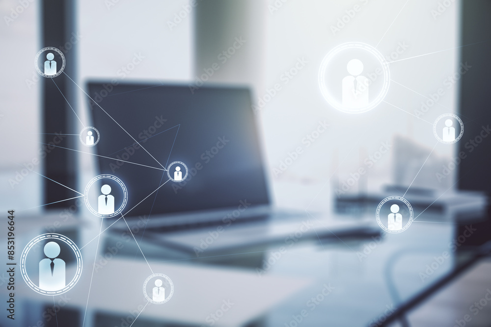Leinwandbilder double exposure of social network icons concept with computer on background. networking concept