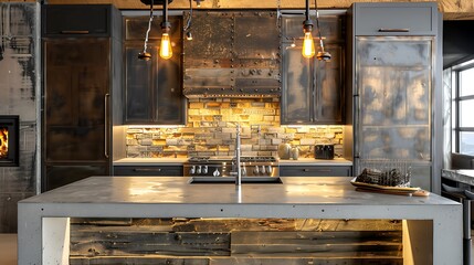 kitchen with a concrete island, metal cabinets, and a backsplash made of reclaimed wood, illuminated by vintage pendant lights