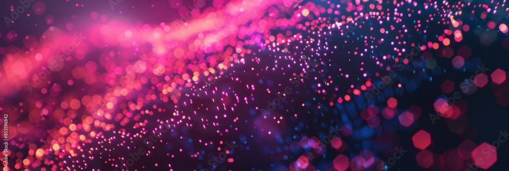 Poster abstract big data particles in neon pink on a dark gradient, providing a modern and vibrant tech aes