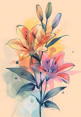 A creative watercolor painting of various flowers with delicate petals and vibrant colors, showcasing the beauty of botanical art on a white background