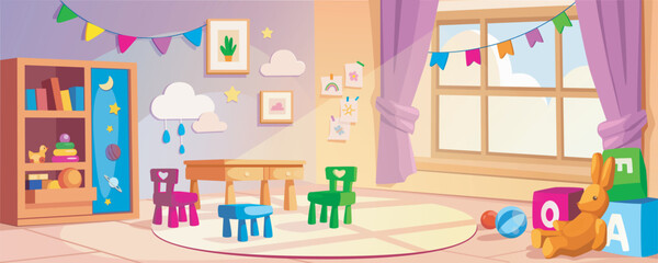 Kindergarten interior background banner for game design. Daycare room with table, child chairs, different toys, book shelf with learning tools, window, garlands, other. Vector cartoon illustration