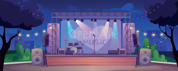 Festival music stage at night background banner for game design. Open air musical concert equipment with instrument on scene, amplifiers, spotlight and garland lights. Vector cartoon illustration