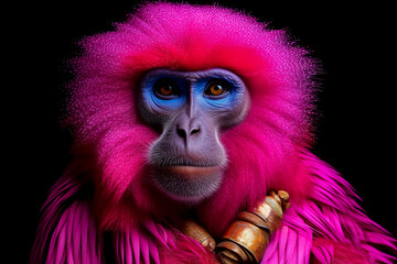 Fototapeta premium A colorful monkey with blue and yellow paint on its face.