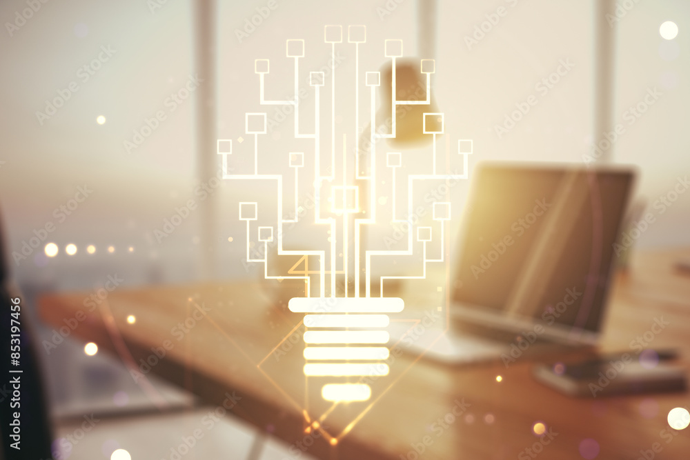 Poster creative light bulb illustration with microcircuit on modern computer background, future technology 