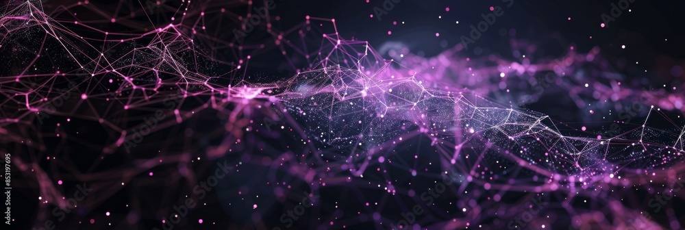 Poster minimalist tech background with neon purple web lines and floating particles on a black canvas, prov
