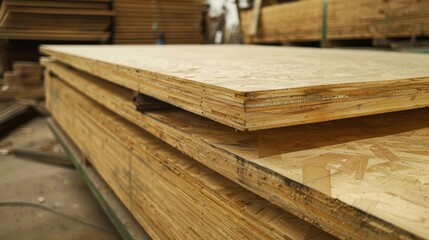 Plywood boards neatly stacked in a workshop, highlighting the quality and texture of the wood. Suitable for illustrating building materials and woodworking supplies.