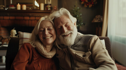 Fototapeta premium Wonderful sincere cheerful couple of gray haired mature smiling people. Today's active retirees are enjoying life. A man with a gray beard.