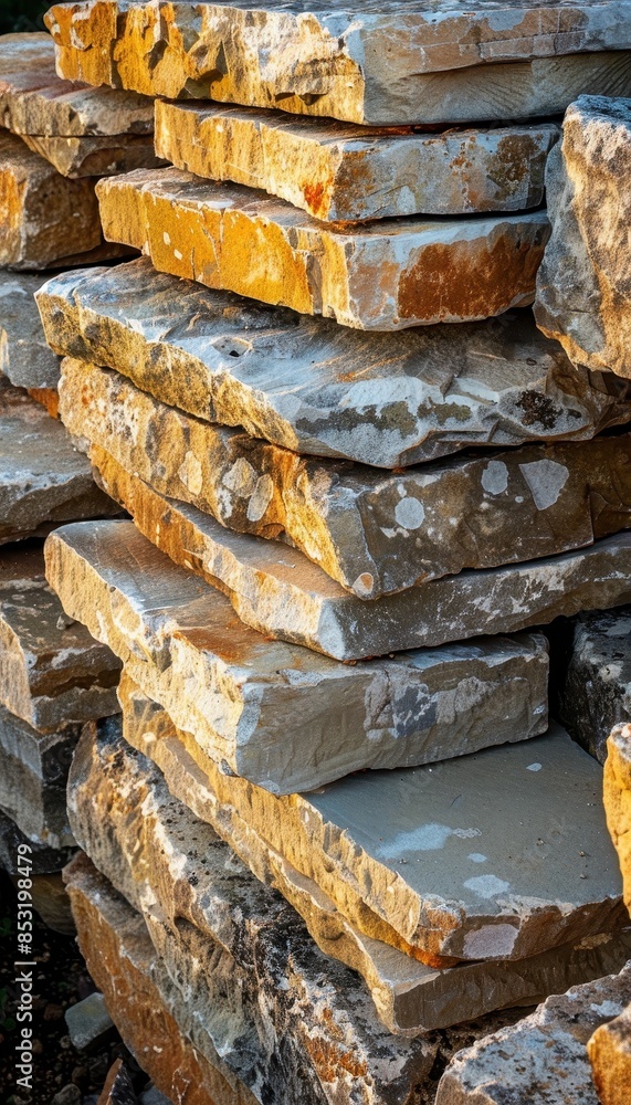 Sticker Stacked stone slabs at a construction site, showcasing natural building materials and textures. Suitable for industrial and renovation themes.