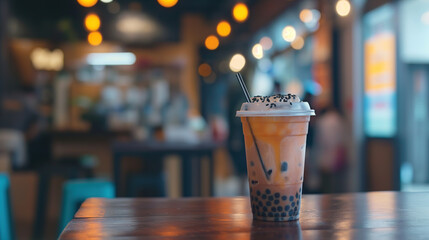 inviting scene of boba tea in an urban cafe, the bubble milk and black pearls creating a visually appealing contrast against its light brown base