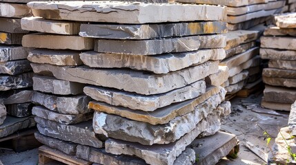 Organised pile of stone slabs ready for use in construction or landscaping, set against a backdrop of lush greenery. Ideal for illustrating building material supplies and outdoor decor.