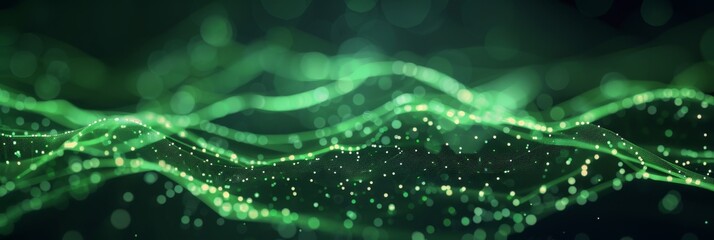 Fototapeta premium Minimalist tech background with neon green web lines and floating particles on a dark backdrop, providing free space