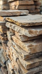 Organised pile of stone slabs ready for use in construction or landscaping, set against a backdrop of lush greenery. Ideal for illustrating building material supplies and outdoor decor.