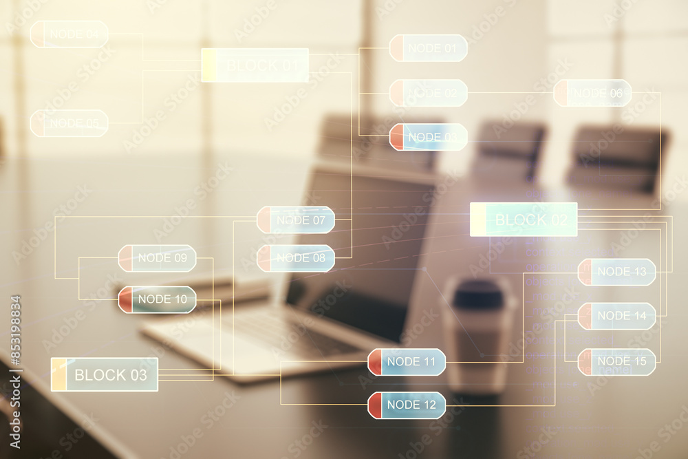Aufkleber Double exposure of abstract programming language on laptop background, research and development concept