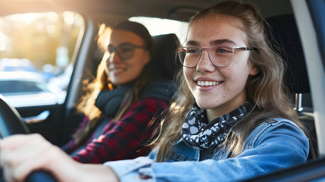 Teenage Girls Driving Car Friendship Smiling Learning Safety