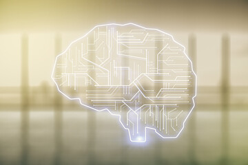 Virtual creative artificial Intelligence hologram with human brain sketch on modern interior...
