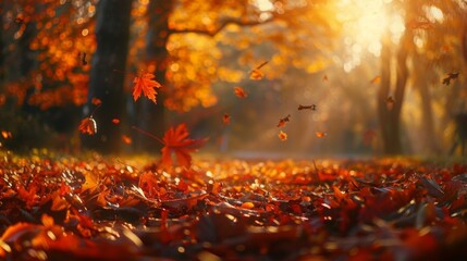 Autumn leaves falling in a sunlit forest. Warm golden light filters through trees. Beautiful seasonal scene capturing nature's fall colors.