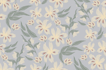 Vintage Floral pattern seamless embroidery white flowers on light blue background. Ikat ethnic texture gladiolus flower ditsy motif vector illustration vintage design Europe style. © Wita Pixs