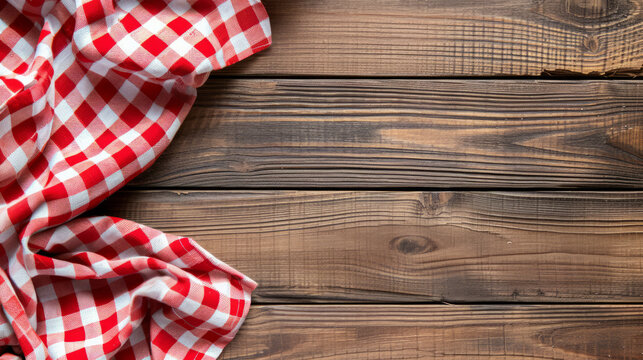A checkered red and white cloth is laying on a wooden table. The cloth is placed on the table in such a way that it covers the entire surface of the table. The table is made of wood