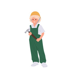 Little girl child builder isolated cartoon character wearing uniform and hardhat holding hammer