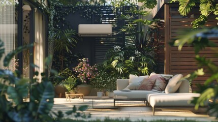 A serene modern outdoor patio with lush green plants, cozy seating, and wooden elements. Perfect for relaxation and enjoying nature at home.