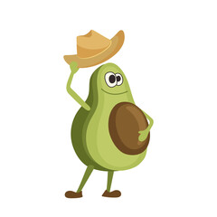 Cute happy smiling avocado isolated cartoon character taking off cowboy hat greeting gesture
