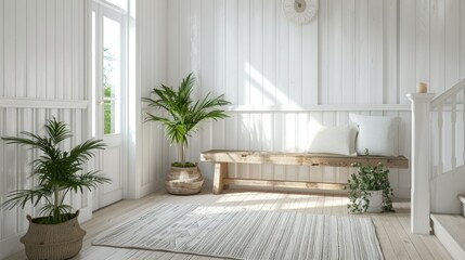 Fototapeta premium Elegant farmhouse entryway with white paneling, wooden bench and potted plant. Minimalist interior design of a modern home hallway.