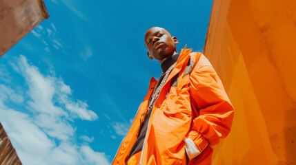 Portrait of a dark-skinned teenager in a bright orange jumpsuit listening to music, posing at an outdoor age. Style and fashion concept. Lifestyle.
