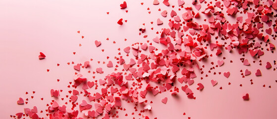 Obraz premium Happy Valentine's Day wedding birthday background greeting card love - Red hearts on pastell pink background