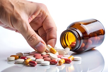 Hand reaching for pills with spilled bottle, focus on medication, white background close up