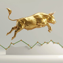 3D Render of Golden Bull Jumping Over Green Graph Line