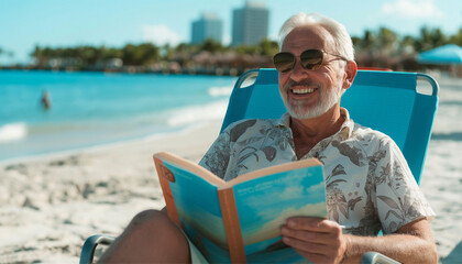 Elderly caucasian man in his 70s reading a book sitting deck chair on the beach in a sunny day